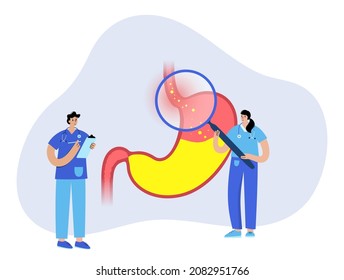 Gastroesophageal Reflux Disease. Doctor In Clinic. Digestive Disorder And GERD In Human Body. Pain, Heartburn In Chest, Stomach And Esophagus. Open Sphincter Allows Acid Reflux Vector Illustration