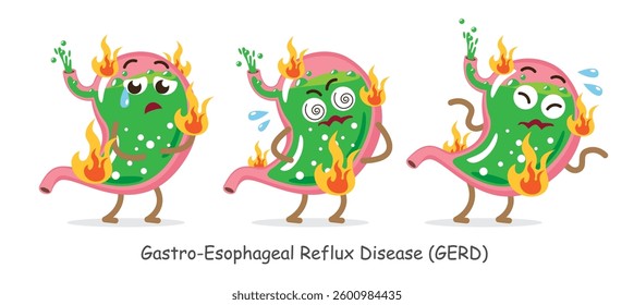 Gastroesophageal reflux disease . GERD . Set of stomach with facial expression . Cute medical cartoon characters . Vector .