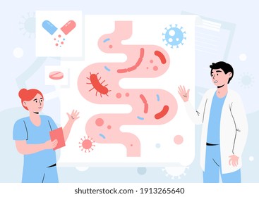 Gastrointestinal flora and microorganisms inhabiting it. Poster or Banner. Abstract concept of digestive stomach living organisms. Flat cartoon vector illustration