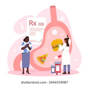 Gastrointestinal indigestion symptom. Doctor and patient with fast food and pills, drugs. Anatomy and biology. Health care and treatment, diagnosis. Cartoon flat vector illustration