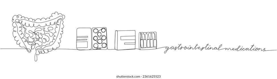 Gastrointestinal medications set. Blister pack, intestines, tablets, capsules, packaged medicines, herbal, medicine one line art. Continuous line drawing of treatment medication, pharmacy, therapy