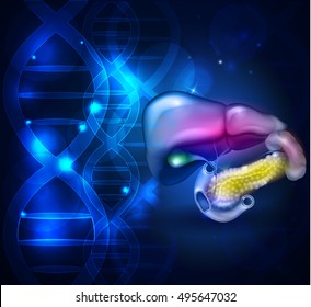 Gastrointestinal tract abstract DNA background design, liver, stomach and other surrounding organs, detailed colorful drawing