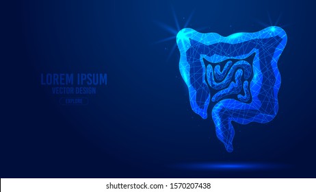 Gastrointestinal tract geometric lines, low poly style wireframe vector banner template. Isolated medicine science technology concept blue background polygonal 3d abstract.