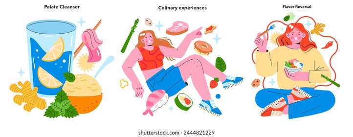 Gastronomic Adventures set. Celebrating the art of palate cleansing, exploring culinary experiences, and the playful concept of flavor reversal. Vector illustration for foodies