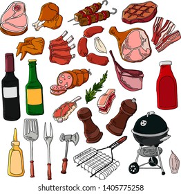 Gastronomic meat products in cartoon style. Vector icons of steak, bacon, sausage, chicken wings, chicken legs, ribs.