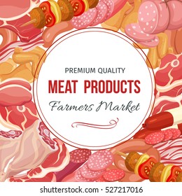 Gastronomic meat products menu design. Vector icons steak , barbecue, lamb, chops, bacon, chorizo, sausage, chicken wings, chicken legs ham salami and slices sausage