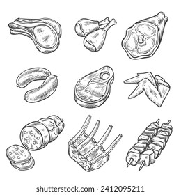 Elaboración de bocetos de productos gastronómicos de carne.Iconos de menú de carne retro en pizarra con chuletas de cordero salchichas de salchicha de cerdo brochetas de jamón productos gastronómicos.Ilustraciones vectoriales EPS 10.