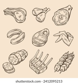 Elaboración de bocetos de productos gastronómicos de carne.Iconos de menú de carne retro en pizarra con chuletas de cordero salchichas de salchicha de cerdo brochetas de jamón productos gastronómicos.Ilustraciones vectoriales EPS 10.