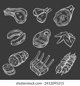 Elaboración de bocetos de productos gastronómicos de carne.Iconos de menú de carne retro en pizarra con chuletas de cordero salchichas de salchicha de cerdo brochetas de jamón productos gastronómicos.Ilustraciones vectoriales EPS 10.