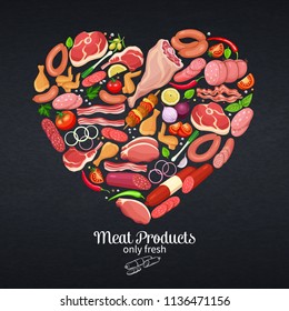 Gastronomic meat products with vegetables and spices poster template shape of heart for food meat production, brochures, banner, menu and market design. Vector Illustration.