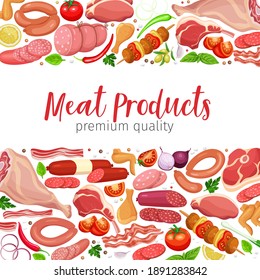 Gastronomic meat products with vegetables and spices page template for ad food meat production, brochures, banner, menu and market design. Vector illustration.