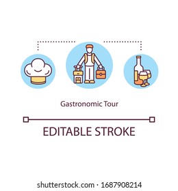 Gastronomic tour concept icon. Local traditional cuisine. Travel to try gourmet meal. Food tour idea thin line illustration. Vector isolated outline RGB color drawing. Editable stroke