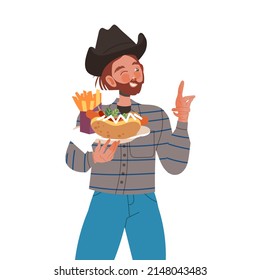Gastronomic Tourism with Bearded Man Character in Cowboy Hat Holding Authentic American Dish with Hot Dog and French Fries Vector Illustration