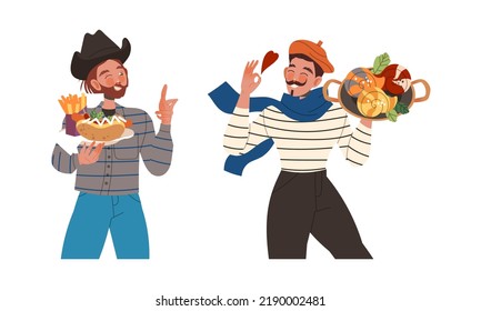 Gastronomic Tourism with French and American Man Holding Authentic Served Dish Vector Set