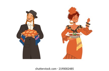 Gastronomic Tourism with Jewish Man and Spanish Woman Holding Authentic Served Dish Vector Set