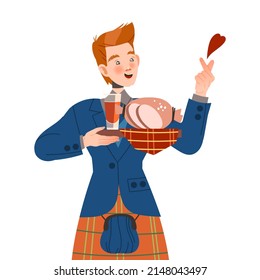 Gastronomic Tourism with Man Character Holding Authentic Scottish Dish of Haggis Vector Illustration