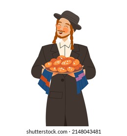 Gastronomic Tourism with Man Character with Side Curls Holding Authentic Jewish Challah Bread with Sesame Seed Vector Illustration