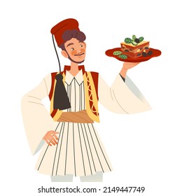 Gastronomic Tourism with Man Character in Tarboosh Holding Authentic Turkish Dish Vector Illustration