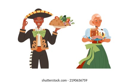Gastronomic Tourism with Mexican Man and Bavarian Woman Holding Authentic Served Dish Vector Set