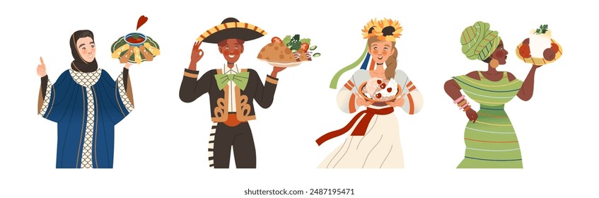 Gastronomic Tourism with People Character Holding Authentic Dish of Native Cuisine Vector Illustration Set