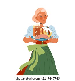 Gastronomic Tourism with Woman Character Holding Authentic Bavarian Dish with Beer Mug and Sausage Vector Illustration