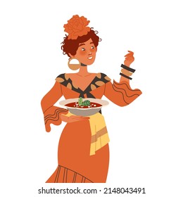 Gastronomic Tourism with Woman Character in Red Dress Holding Authentic Spanish Gaspacho Dish Vector Illustration