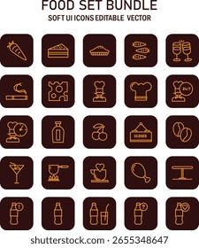 Iconos del vector gastronómico en estilo suave de la interfaz de usuario que ofrece diversos Elementos de la comida y de las bebidas en un estilo minimalista