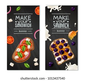 Gastronomic vertical banners with make your sandwich title and sweet and vegetable types of dish vector illustration