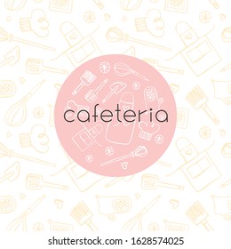 Gastronomy background with hand-drawn ink illustrations for restaurant logo design, food label design, cafeteria banner. Cooking classes banner and courses. Kitchen utensils pattern. Bakery background