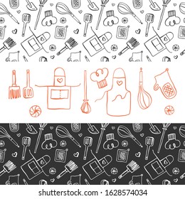 Gastronomy background with hand-drawn ink illustrations for restaurant logo design, food label design, cafeteria banner. Cooking classes banner and courses. Kitchen utensils pattern. Bakery background