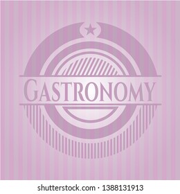 Gastronomy badge with pink background. Vector Illustration. Detailed.