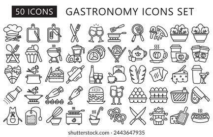 Gastronomy black outline icon set. contain chef hats, pizza slice, wine glasses, sushi roll, teapot, sandwich and more. best for UI or UX kit, web and app development. vector EPS 10.