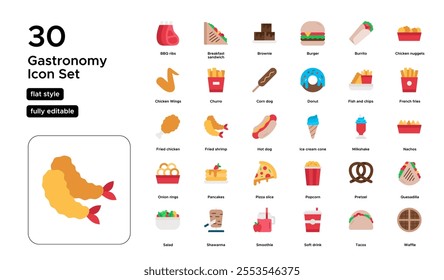 Gastronomy Flat Icon Set: Gourmet Dishes, Chefs, Fine Dining, and Culinary Arts Icons