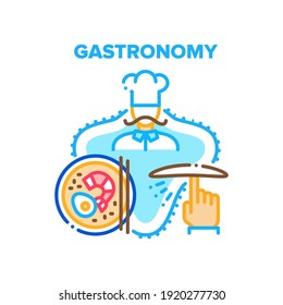 Concepto de ícono del vector de comida gastronómica. Gastronomía Deliciosa Cocina Elaborada Por El Chef Con Camarón De Marisco, Huevo Y Queso En El Restaurante Pizzeria. Girar La masa sobre la ilustración del color del dedo