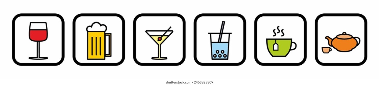 gastronomy icon, set, menu of beverages, drinks, colored symbols, vector 