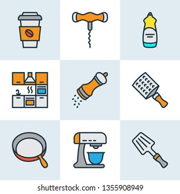 Gastronomy icons colored line set with skillet, pepper grinder, spatula and other frying pan elements. Isolated vector illustration gastronomy icons.