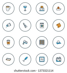 Gastronomy icons colored line set with orange squeezer, recipe book, cheese and other juicer elements. Isolated vector illustration gastronomy icons.