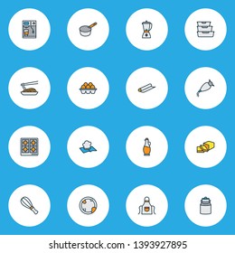 Gastronomy icons colored line set with sauce pan, whipped cream clay, butter and other culinary elements. Isolated vector illustration gastronomy icons.