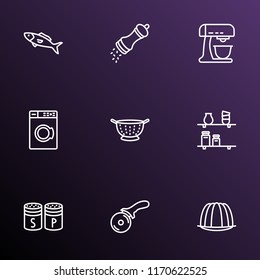 Gastronomy icons line style set with pizza knife, washing machine, kitchen shelves and other seafood elements. Isolated vector illustration gastronomy icons.