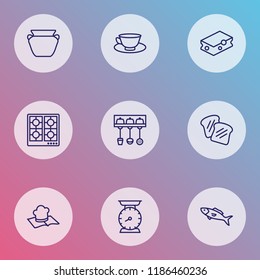 Gastronomy icons line style set with cleaning sponge, utensil holder, toast bread and other weight elements. Isolated vector illustration gastronomy icons.