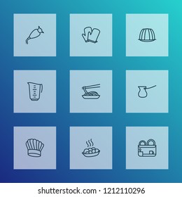 Gastronomy icons line style set with measuring cup, kitchen gloves, whipped cream clay and other nutrition elements. Isolated vector illustration gastronomy icons.