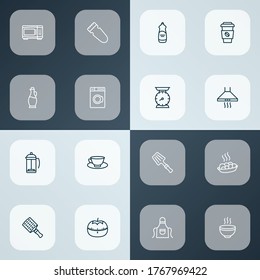 Gastronomy icons line style set with hand grater, hot soup, coffee cup jug elements. Isolated vector illustration gastronomy icons.