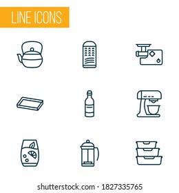Gastronomy icons line style set with mixer, teapot, grater and other juice elements. Isolated vector illustration gastronomy icons.