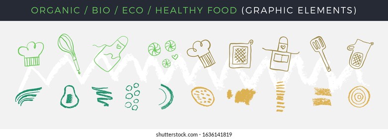 Gastronomy icons set. Gastronomic linear signs. Doodle logos for restaurant and cafe branding. Hand drawn illustrations for bakehouse. Linear icons for emblems of cooking class. Calligraphy symbols.