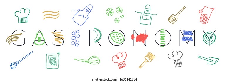 Gastronomy icons set. Gastronomic linear signs. Doodle logos for restaurant and cafe branding. Hand drawn illustrations for bakehouse. Linear icons for emblems of cooking class. Calligraphy symbols.