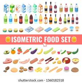 Gastronomy Icons Set In Isometric 3d Style. Food And Drinks Isolated On White Background. Isometric Vector Illustration.