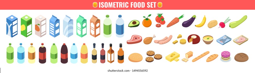 Gastronomy icons set in isometric 3d style. Food and drinks isolated on white background. Isometric vector illustration.