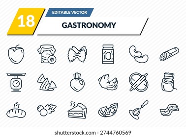 gastronomy icons set - persimmon, pickle, aroni, whisk, bacon outline vector collection.