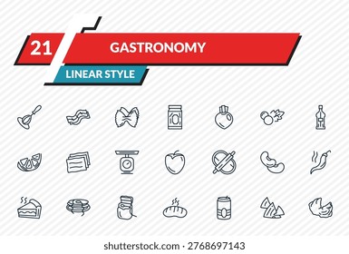 gastronomy icons set - whisk, bacon, aroni, nachos, oyster outline vector collection.