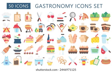 Gastronomy multi color icon set. contain chef hats, pizza slice, wine glasses, sushi roll, teapot, sandwich and more. best for UI or UX kit, web and app development. vector EPS 10.